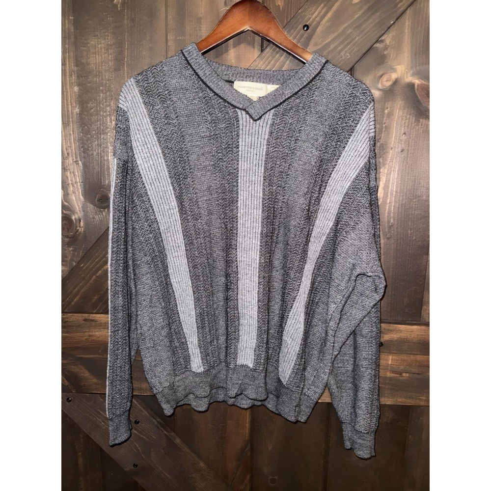 VTG 90s Pronto Uomo Firenze Men's XL Black Gray Striped Sweater Made in Italy‎